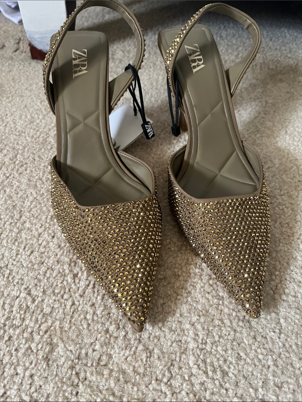 ZARA Gold-Tone Rhinestone Pointed Slingback Heels